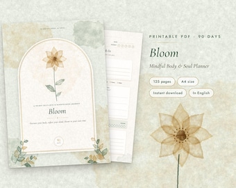 Bloom Mindful Body & Soul Planner 90 dni | Dziennik miłości do siebie i dobrego samopoczucia | Śledzenie nawyków | Wdzięczność (plik PDF do druku)