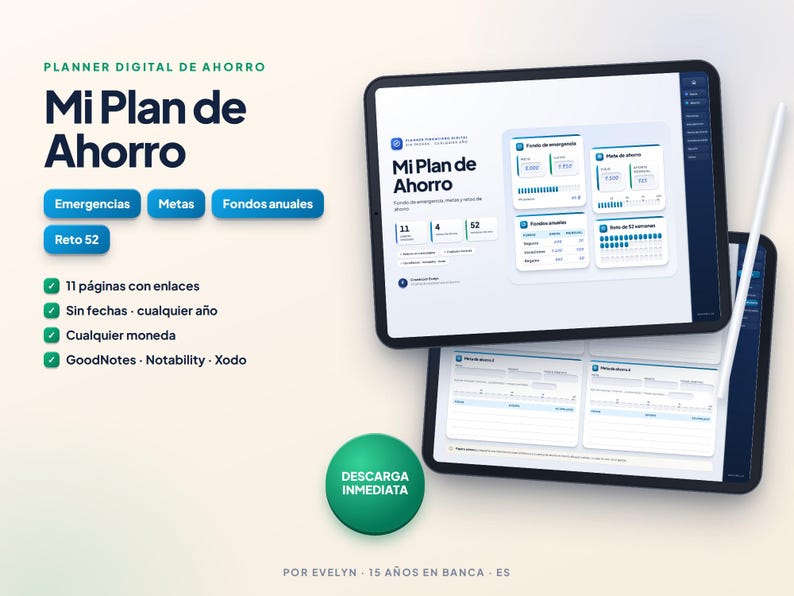 Planificateur d'épargne numérique en espagnol | Fonds d'urgence, objectifs et défi de 52 semaines | GoodNotes image 1