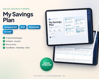 Digital Savings Planner for GoodNotes | Emergency Fund, Savings Goals and 52 Week Challenge
