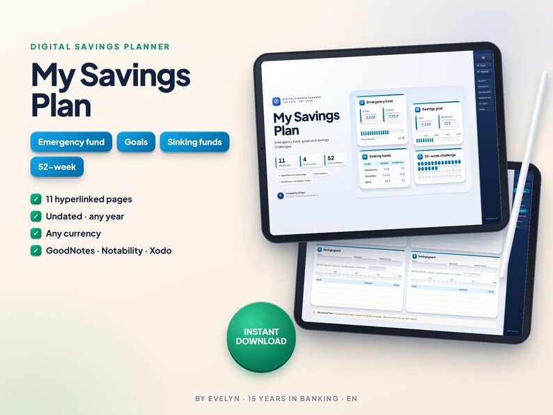 Digital Savings Planner for GoodNotes | Emergency Fund, Savings Goals and 52 Week Challenge image 1