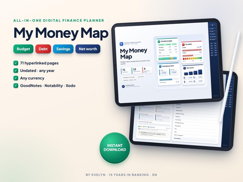 Digital Budget Planner with Excel Spreadsheet | Debt, Savings & Net Worth Tracker | GoodNotes imagen 1