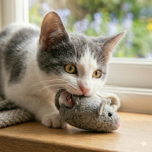 Peut inclure: Un chaton gris et blanc aux yeux jaunes tient un jouet de souris en feutre gris avec un nez rose dans sa bouche. Le chaton est sur une surface en bois près d'une fenêtre avec un arrière-plan flou.