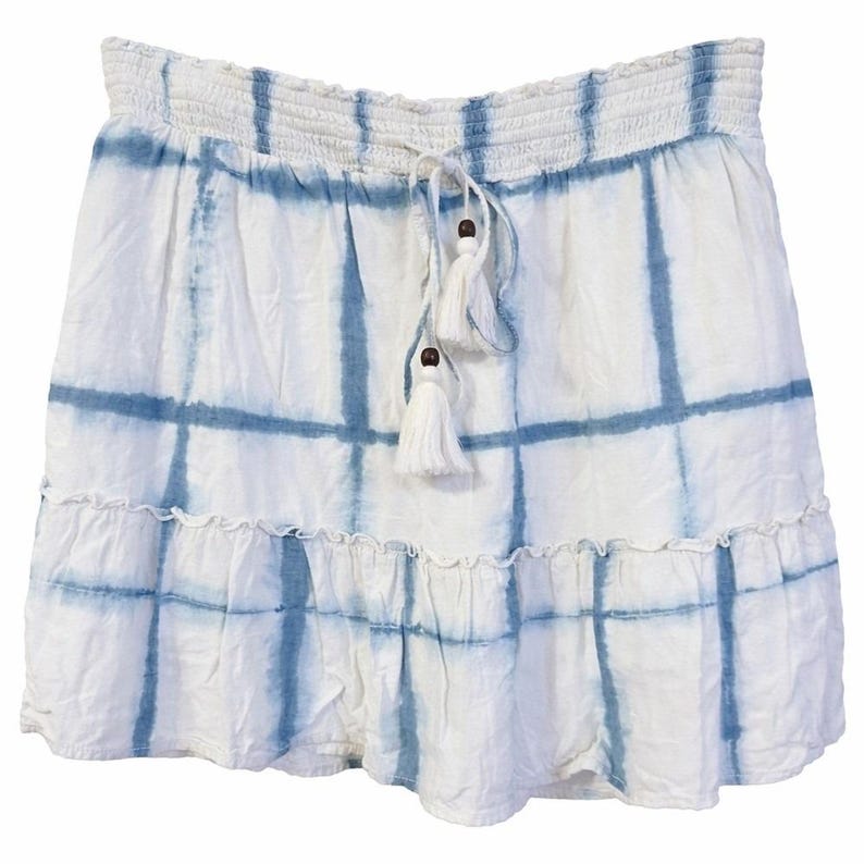 Falda Pilcro Anthropologie azul tie-dye estilo boho con fruncido y borlas, talla XL imagen 1