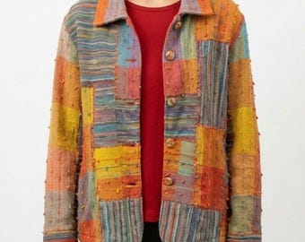 Chaqueta TravelSmith Vintage estilo años 70 multicolor con patchwork, talla grande.