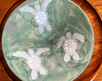 Raku Pottery Plate 11" w/Hawaiian Green Sea Turtle 'Marine Dream' signed by C Matti