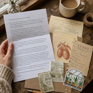 May include: A wooden table displays gardening-themed items. There's a handwritten letter, seed packets, a recipe card, a coffee mug, and a pen. A sticker reads "More Plants, Fewer Problems."