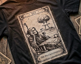 The Procrastinator Tarot Card T-Shirt | Grim Reaper, Mushroom Cloud Illustration