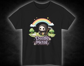 Cute Grim Reaper Rainbow Death Metal Tee | Skull Scythe Illustration