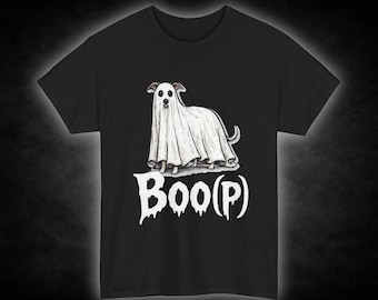 Dog in Ghost Costume Tee | Boo(p) Halloween Shirt
