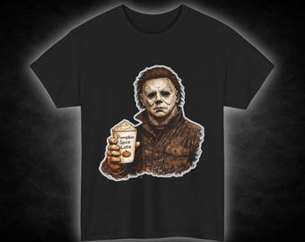 Halloween Mask Character Holding Pumpkin Spice Latte T-Shirt | Halloween Tee