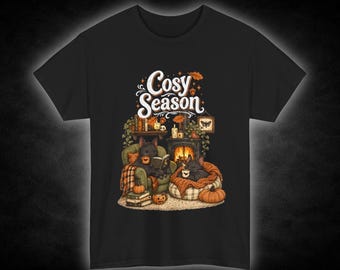 Cosy Season Bats by fireplace Tee | Autumn pumpkin cabin illustration