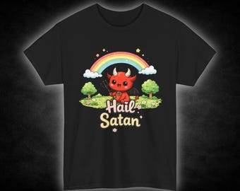 Cute Devil with Rainbow Hail Satan T-Shirt | Kawaii Satan Graphic Tee