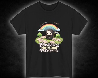 Grim Reaper with Rainbow and Piglets T-Shirt | Blastbeats and Pig Squeals Graphic Tee