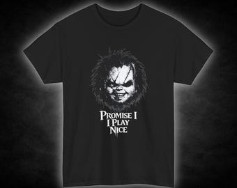 Creepy Chucky Doll Face Promise I Play Nice T-Shirt | Horror Graphic Tee