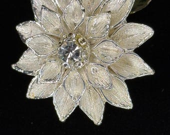 Vintage West Germany Silver Flower Scarf Clip, Rhinestone Dahlia Slide (Original Label)