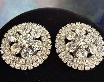 Vintage Rhinestone Halo Clip-On Earrings, Silver Tone Mid Century Glam Jewelry