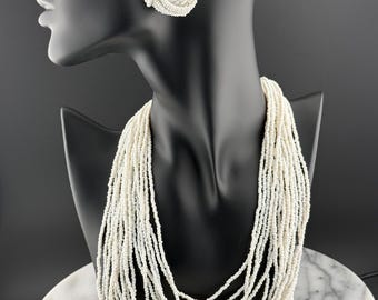 Vintage White Seed Bead Multi-Strand Statement Necklace Set, Clip-On Earrings