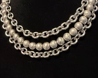 Monet Silver Tone Triple Strand Necklace – Textured Bead Chain Statement Jewelry