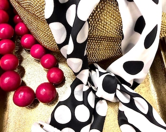 Vintage Ben Goodman Polka Dot Silk Scarf, Black White Graphic Retro Made in Japan
