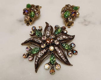 Signed Florenza Rhinestone Brooch Earring Set, Floral Starburst Demi Parure, Missing stones