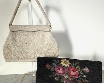 Lot of 2 Vintage Beaded Evening Bags, As Is Restoration Lot, White, Black Floral
