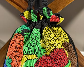 Vintage Beaded Fruit Tote Bag, Tropical Market Handbag, Retro Kitsch Statement Purse