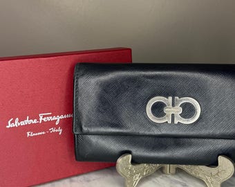 Vintage Salvatore Ferragamo Gancini Continental Wallet, Black Pebble Calf Leather w Box