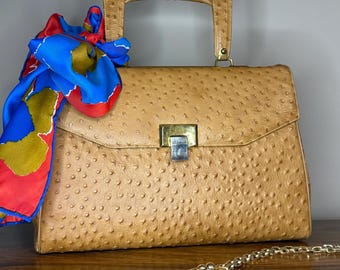 Chic de Paris Tan Ostrich Embossed Top Handle Handbag – Structured Gold Clasp Purse