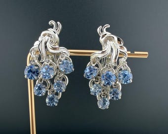 Vintage Blue Rhinestone Grape Cluster Earrings, Mid Century, Silver Tone Statement Jewelry