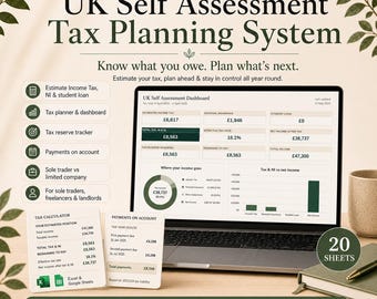 Pode incluir: Um sistema digital de planeamento fiscal para o Reino Unido num ecrã de portátil, com um painel de controlo que mostra estimativas de impostos e contribuições. Inclui duas folhas de resumo impressas, um caderno e uma caneta numa secretária.