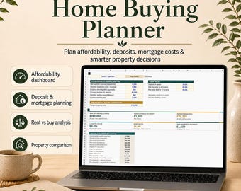 Pode incluir: Um planejador digital de compra de casa exibido na tela de um laptop, com painel de acessibilidade, planejamento de depósitos e hipotecas, análise de aluguel versus compra e ferramentas de comparação de propriedades.