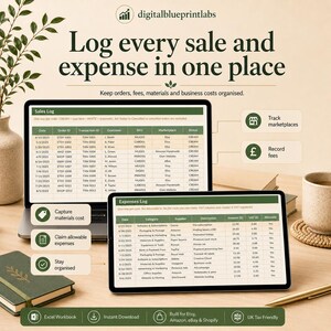 May include: A digital spreadsheet template for tracking sales and expenses, displayed on a laptop and tablet screen. The interface shows columns for dates, order IDs, customer names, and financial data. Text includes 'Log every sale and expense in one place'.