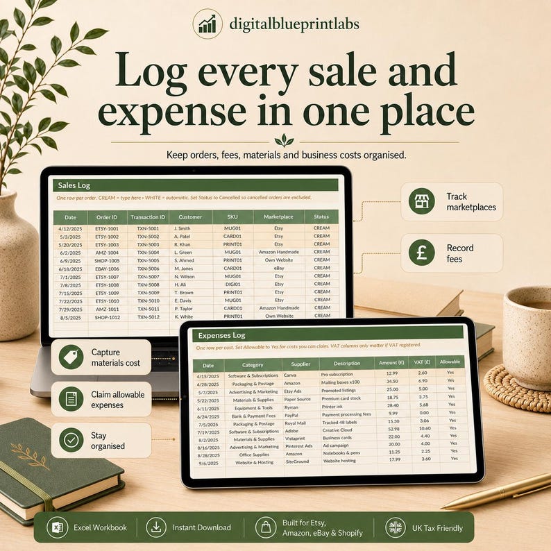 May include: A digital spreadsheet template for tracking sales and expenses, displayed on a laptop and tablet screen. The interface shows columns for dates, order IDs, customer names, and financial data. Text includes 'Log every sale and expense in one place'.