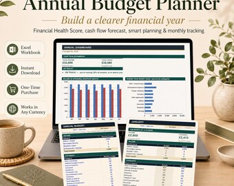 Pode incluir: Um planejador de orçamento anual digital exibido na tela de um laptop e em duas folhas impressas. A interface apresenta um painel anual com gráficos financeiros, tabelas de receitas e despesas. O texto inclui Annual Budget Planner, Build a clearer financial year e Financial Health Score.