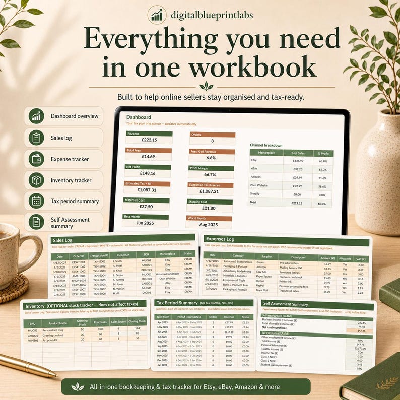 May include: A digital workbook for online sellers featuring a dashboard, sales log, expense tracker, inventory tracker, tax period summary, and self-assessment summary. The interface displays financial data in pounds, including revenue, fees, and profit margins.