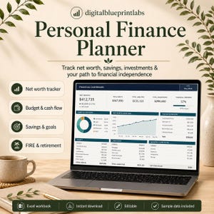 May include: A digital personal finance planner displayed on a laptop screen, featuring a financial dashboard with net worth, asset allocation, and cash flow charts. The interface includes text labels for tracking savings, investments, and retirement goals.