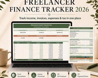May include: A digital Freelancer Finance Tracker 2026 spreadsheet displayed on a laptop screen and a separate tax estimator document. The interface features tables for income, expenses, net profit, and tax estimates in British pounds for self-employed users.