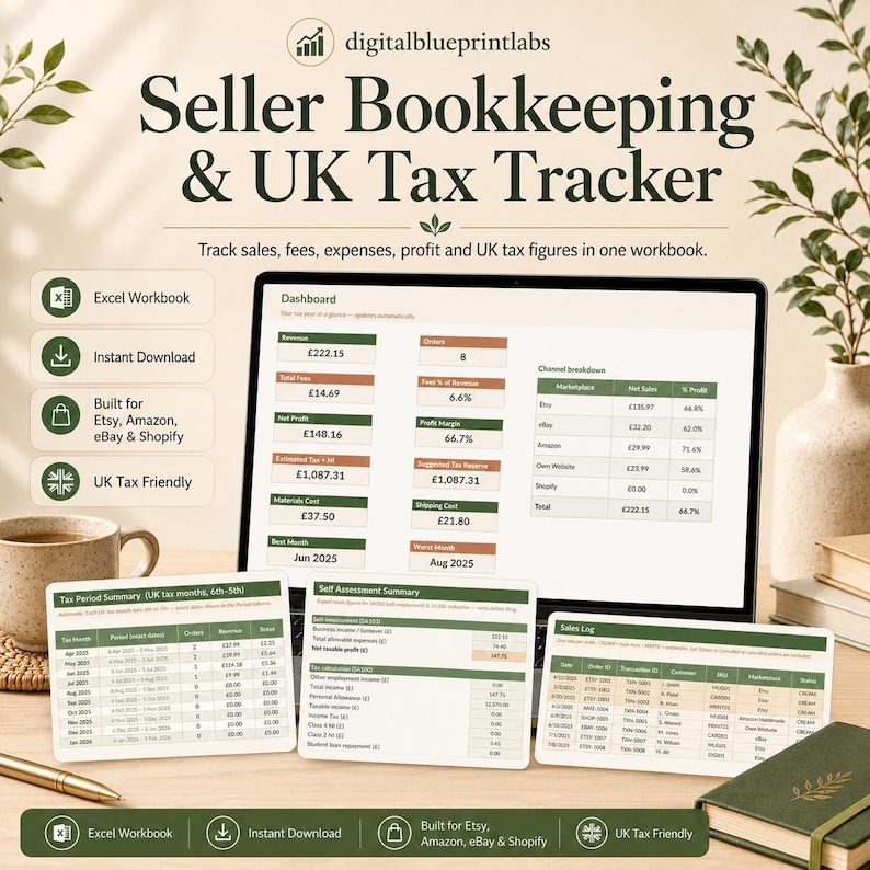 May include: A digital bookkeeping and UK tax tracker workbook displayed on a laptop screen and three printed cards. The interface shows financial data including revenue, fees, net profit, and tax figures in British pounds for Etsy, Amazon, and Shopify.