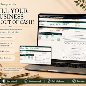 May include: A laptop screen displaying a financial performance dashboard with charts and tables, alongside a smaller floating window showing similar data. Text on the screen reads: WILL YOUR BUSINESS RUN OUT OF CASH? A 3-statement forecast that answers it in minutes.