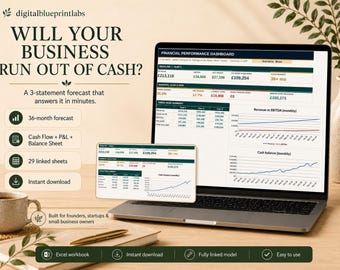 May include: A laptop screen displaying a financial performance dashboard with charts and tables, alongside a smaller floating window showing similar data. Text on the screen reads: WILL YOUR BUSINESS RUN OUT OF CASH? A 3-statement forecast that answers it in minutes.