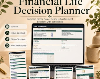 Pode incluir: Um planejador digital de decisões financeiras de vida exibido na tela de um laptop, com um painel contendo tabelas, gráficos e texto, incluindo Financial Life Decision Planner, Life Dashboard, Decision Hub, What-If Lab, Personal CFO e Financial Health Score.