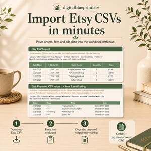 May include: A digital spreadsheet tool for importing Etsy CSV files, featuring two green and cream data tables for orders and payment fees. The graphic includes instructions for downloading and pasting data, with a three-step process guide at the bottom.