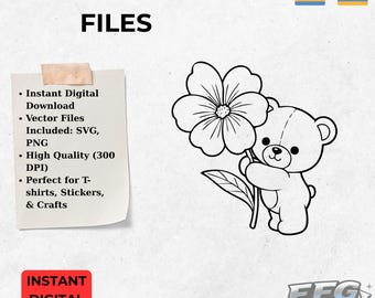 Ursinho de pelúcia fofo com flor em SVG e PNG, Clipart de ursinho bebê, Arquivo de corte para decoração de quarto de bebê kawaii, Urso floral em SVG para Cricut, Download instantâneo
