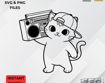 SVG de gato retrô, clipart de gatinho com boombox dos anos 90, skatista hip hop (download digital)