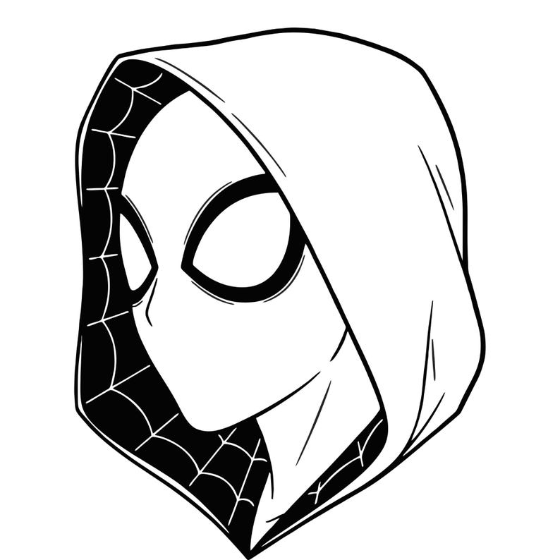 Pode incluir: Ilustra&ccedil;&atilde;o a preto e branco do rosto de uma personagem, com uma m&aacute;scara com capuz. A m&aacute;scara tem grandes aberturas ovais para os olhos e um desenho de teia de aranha na lateral. O capuz &eacute; branco e o rosto &eacute; maioritariamente branco.