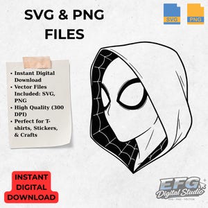 Pode incluir: Ilustra&ccedil;&atilde;o digital em preto e branco de um rosto com capuz, com olhos ovais e um design de teia de aranha no capuz. A imagem inclui o texto "SVG & PNG FILES" e "Instant Digital Download".