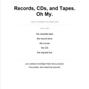 Sopas de letras con temática de la Generación X, discos, CDs y cintas de música de los 80 y 90 (descarga instantánea).