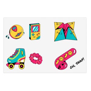 Hoja de pegatinas con iconos de los 90 / Pegatinas de vinilo con patines, Game Boy, casete y coletero.