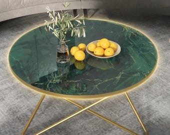 Mesa de centro redonda rústica – Tablero de mármol y cristal / Decoración de mesa de salón de estilo bohemio industrial