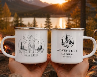 Personalized Couple Camping Mug, Custom Adventure Mug, Wedding Gift for Couple, Engagement Gift, Anniversary Mug, Mountain Camp Mug